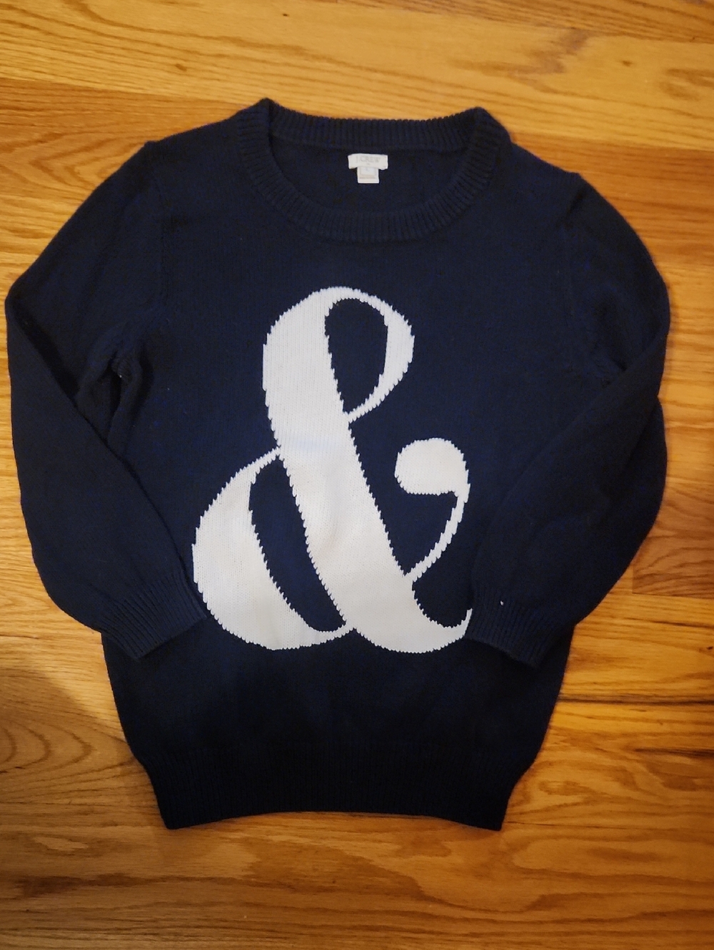 J. Crew Navy Blue Crewneck Sweater with White Ampersand Motif